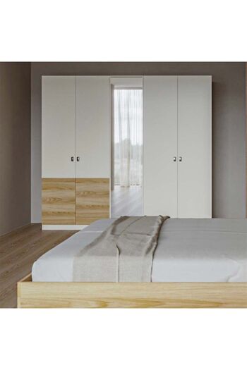 Danube Home Sacramento 5 Door Wardrobe with Mirror - Beige/Oak L243xW60xH220cm