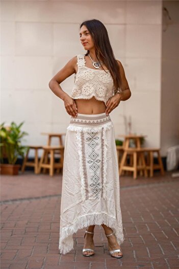 Miss Boheme Cream Color Tassel Detailed Bohemian Skirt
