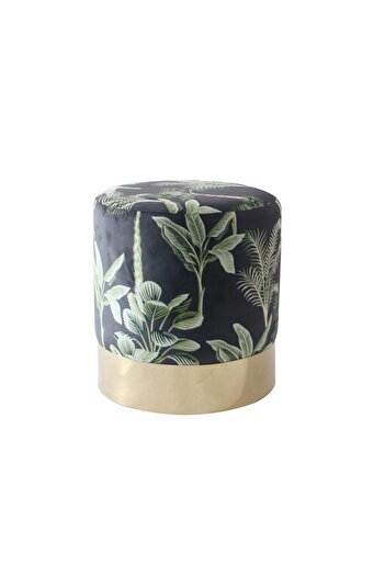 Danube Home Jela Printed Velvet Pouf Ottoman - Botanical Pattern/Gold - Stylish Seating with 2-Year Warranty