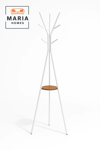 MARIA HOMES Wath LJ-F White Tripod Metal Coat Rack with Wooden Shelf