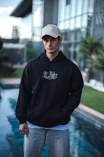 CVS Three Thread Combed Cotton Hooded Printed Sweatshirt - Black
