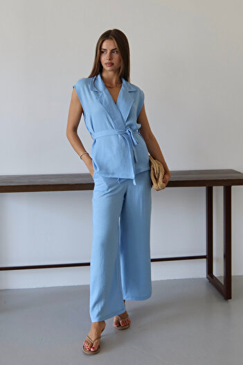Mogi Butik Women's Belted Vest Palazzo Linen Blended Woven Suit 3080