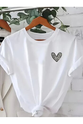 Butik Stylish Leopard Heart Print Casual T-Shirt for Women - Plus Size, Machine Washable, Valentine's