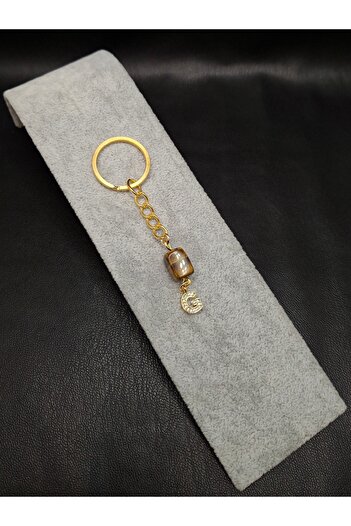 Han Ticarethane Gold Color Stone g Letter Tiger Eye Keychain Charm