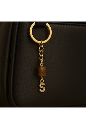 Han Ticarethane Gold Color Stone S Letter Tiger Eye Keychain Charm