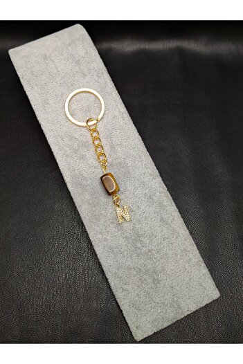 Han Ticarethane Gold Color Stone N Letter Tiger Eye Keychain Charm