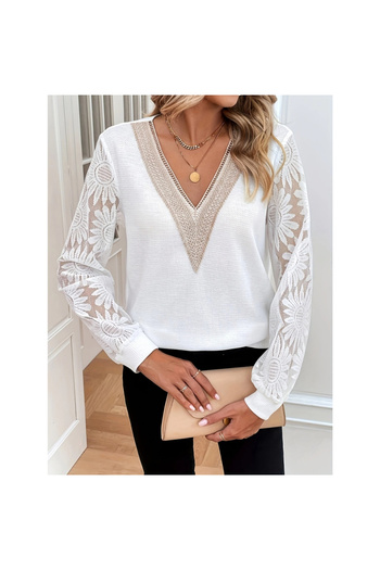 gl00my    Women's Long Sleeve V Lace Neck Waffle Blouse