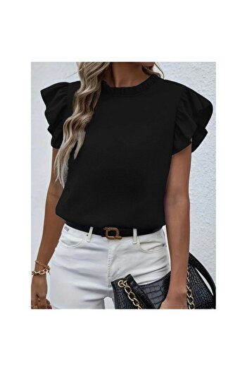 Melek Moda Women's Short Sleeve Ruffle Collar Wrap Blouse