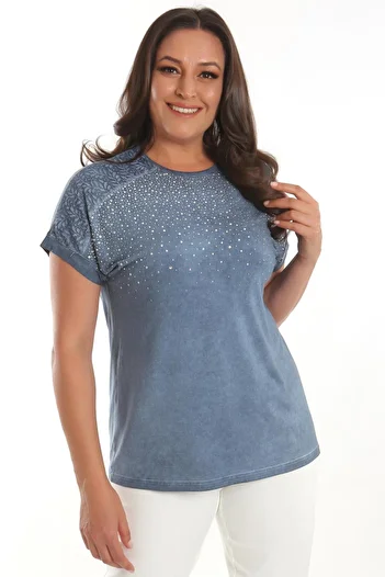 Trend42plus Plus Size Indigo Stone Printed Shoulder Lace Detailed Tie Dye Washed Blouse