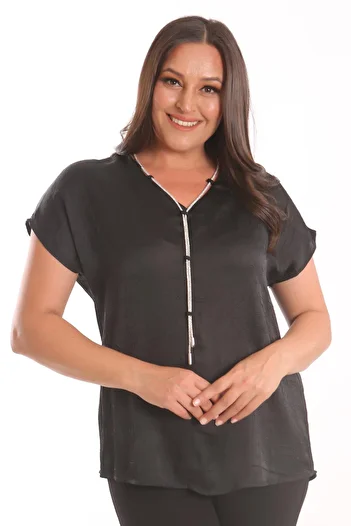 Trend42plus Plus Size Black Satin Blouse with Ruching and Chain Detail