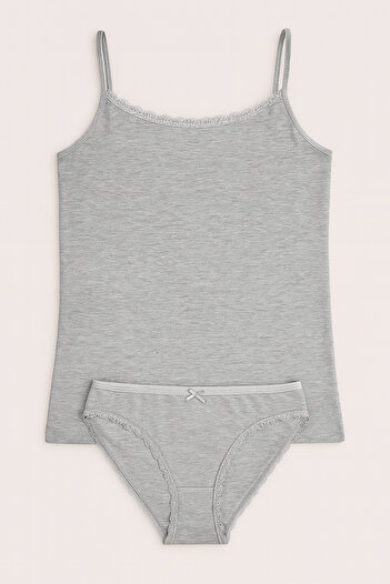QKK Women's Dark Gray Melange Lycra Cotton Thread Strap Athlete Slip Panties Set Q3İ5K1L2Ekk