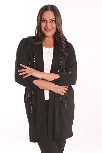 Metpoint Trend42Plus Large Size Black Stone Printed Long Cardigan