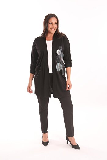 Metpoint Trend42Plus Large Size Black Circle Pattern Stone Printed Long Cardigan