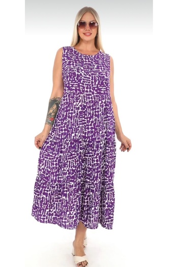 AKŞEN GİYİM Women's Cotton Viscose Fabric Zero Sleeve Mosaic Pattern 123 cm Length Skirt 3 Layers Dress