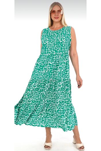 AKŞEN GİYİM Women's Cotton Viscose Fabric Zero Sleeve Mosaic Pattern 123 cm Length Skirt 3 Layers Dress
