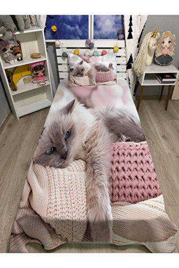 yok yok evim eve dair her şey Cat Patterned Single Pique and Pillowcase Bedspread Set in the Basket