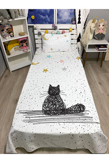 yok yok evim eve dair her şey Stars and Cat Patterned Single Pique and Pillowcase Bedspread Set