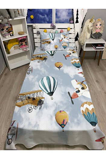 yok yok evim eve dair her şey Colorful Balloons Patterned Single Pique and Pillowcase Bedspread Set