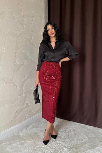 Amara Boutique Eyesof Burgundy Pulpayetli Shiny Skirt