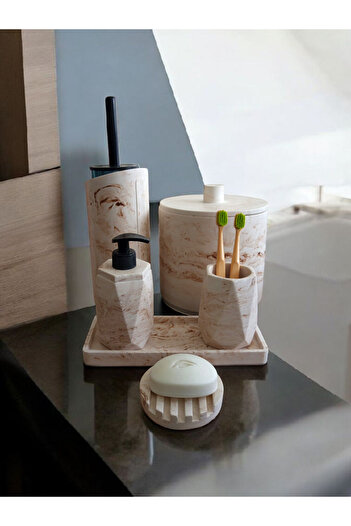 Trust Stone Marble Pattern Beige Trash Can, Bathroom Set Toilet Wc Liquid Soap Dispenser Toothbrush Holder Concrete Accessory Set