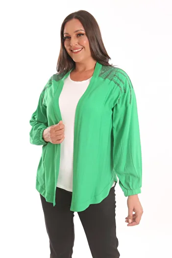 Metpoint Trend42Plus Large Size Robe Stone Printed Oversize Green Jacket