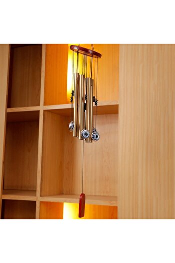 PUFO wind chime with 5 metal sound tubes for home or garden, Eye of Fatima model, gold