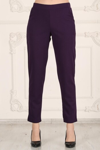 Seamoda Plus Size Carrot Cut Elastic Waist Pocket Crepe Skuba Knitted Pants-Purple