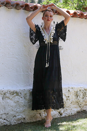 Chiccy Italian Black V-Neck Lace Sleeve Lined Lace Tassel Detail Casual Woven Dress 136 55