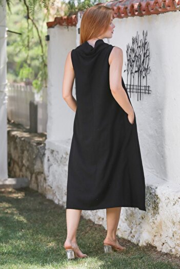 Chiccy Black Degaje Collar Sleeveless Hidden Pocket Washable Casual Linen Look Woven Dress 120 55