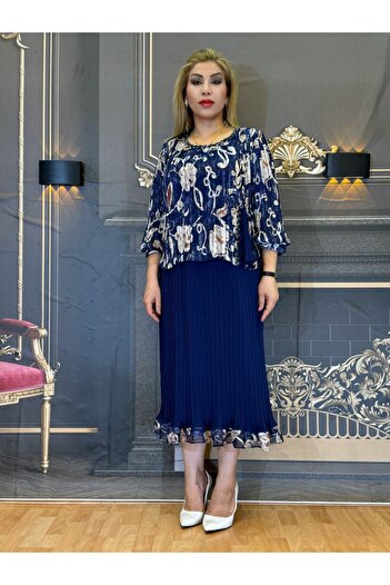 Yeşilmoda Evening Dress,Chiffon Fabric,Pleated Skirt,Neckline Details,Blue,Lined,Stone Embroidery,High Quality,Women's
