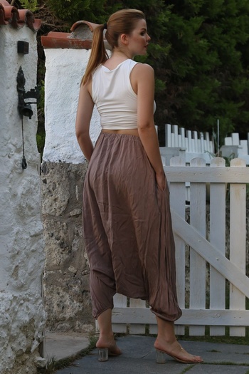 Chiccy Mink Washed Elastic Waist Baggy Leg Casual Crinkle Woven Trousers 95 80