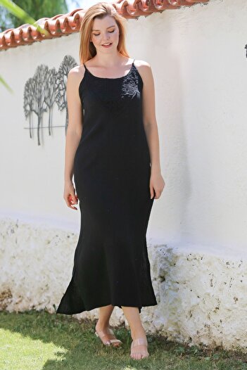 Chiccy Black Strap Slit Lace Casual Muslin Long Woven Dress 128 55