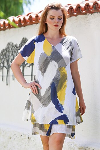 Chiccy Italian White V-Neck Short Sleeve Patterned Lined Casual Linen Look Woven Dress 96 64