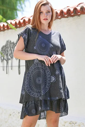 Chiccy Italian Anthracite V-Neck Short Sleeve Mandala Patterned Lined Casual Linen Look Woven Dress 95 65