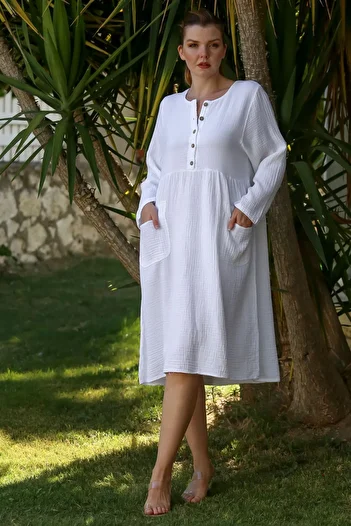 Chiccy White Round Neck Buttoned Long Sleeve Pocket Washable Casual Muslin Woven Dress 107 60