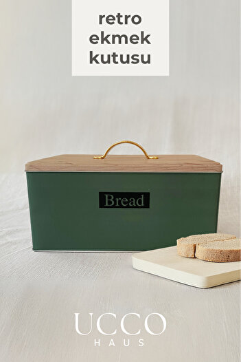 UCCO Metal Retro Bread Box 31X21X18 cm – Wooden Look Lid - Large Volume Vintage Storage Box