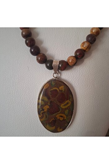 azra takı tasarım Fruit Jasper Fossil Natural Stone Handmade Short Women's Necklace