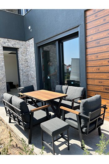 Kırlenta 2 2 1 1 + 2 ADET PUF ANTRASİT Yemek Masası Bahçe Takımı Balkon Takımı Bahçe Seti Oturma Grubu