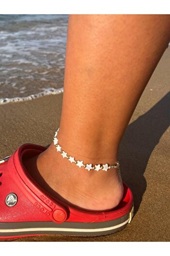 Zerys Jewelry White Star Detailed Gold Chain Anklet