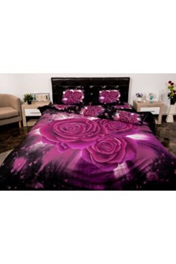 Ralex Double Bed Linen Set 4 Pieces 220 x 230 cm Digital Print 3D, Purple/Black Roses Pucioasa