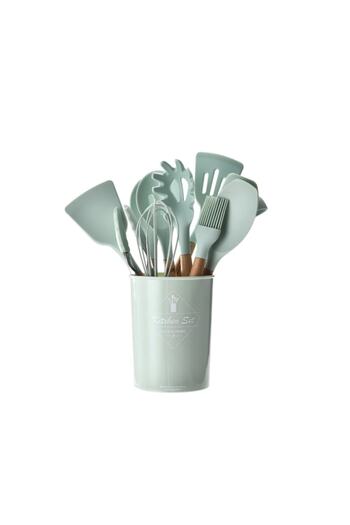 OEM Set 11 kitchen utensils, Non-stick, Silicone, Wooden handle green teleMAG