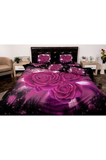 Ralex Double Bed Linen Set 4 Pieces 220 x 230 cm Digital Print 3D, Purple/Black Roses Pucioasa