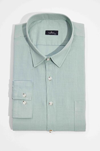 Tudors Men's Big Size Large Size Long Sleeve 100% Cotton Linen Texture Single Pocket Green Button Collar Shirt