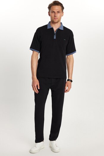 Tudors Men's Standard Fit Cotton Jacquard Zip Polo Neck Waist Lace-Up Black Tracksuit Set