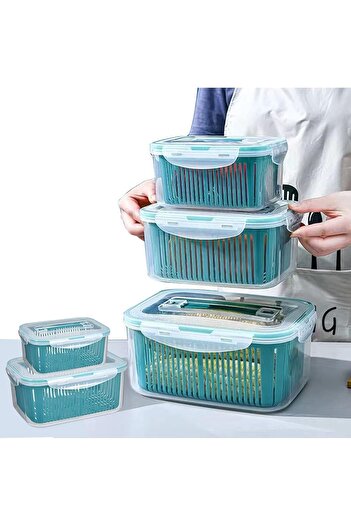 COOYA 5 Pack Fruit Storage Containers ,with Drain Colander Plastic,Refrigerator Organizer for Fridge,Blue