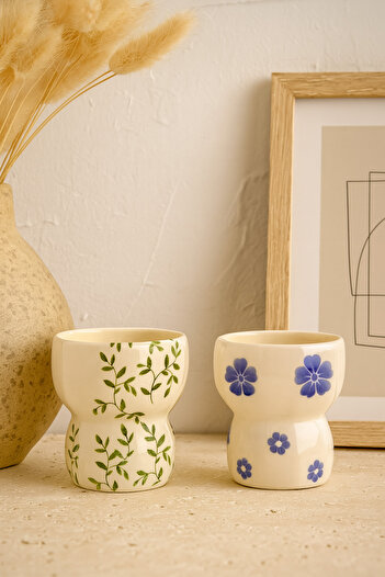 Anadolu Saray 2'li El Yapımı Seramik Sarmaşık ve Mavi Çiçek Tasarım Handmade Kupa Sekizgen Tasarım Mug Kupa Fincan