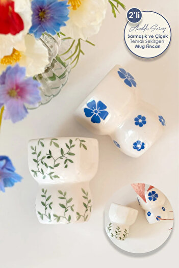 Anadolu Saray 2'li El Yapımı Seramik Sarmaşık ve Mavi Çiçek Tasarım Handmade Kupa Sekizgen Tasarım Mug Kupa Fincan