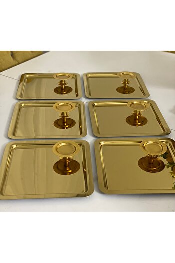 SEVA ÇELİK 2 Models 6-Piece Gold Square Tray and 6-Piece Gold Macaron Holder