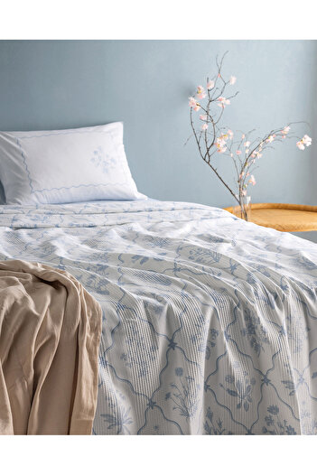 Madame Coco Rotule Double Bed 100% Cotton Brother Printed Pique Set - Blue
