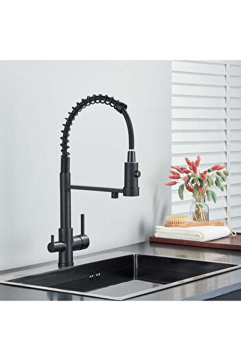 CasaVie Baterie profesionala de bucatarie, cu dus flexibil, pipa pentru apa filtrata, negru mat, cod 1657